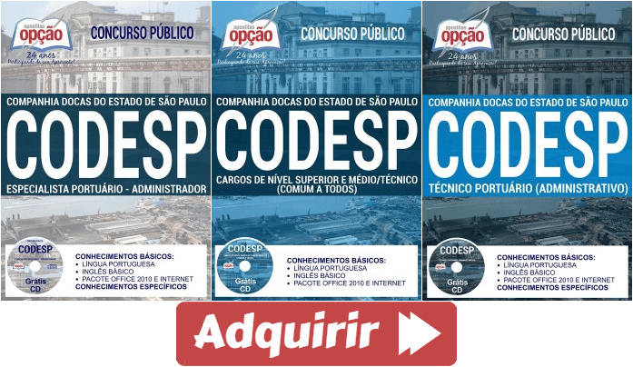 Apostilas de Estudo Concurso Companhia Docas do Estado de São Paulo – CODESP – 2017, cargos: Diversos Empregos