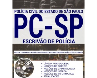 Estude com a Apostila do Concurso da PC / SP – 2018, na carreira de: Escrivão de Polícia