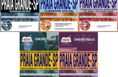 Estude com as Apostilas do Concurso do Município de Praia Grande / SP – 2018, nos empregos de: Comum Várias Funções