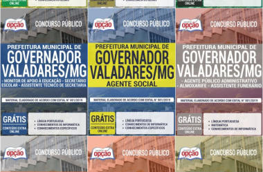 Opção Apostilas Concurso Prefeitura de Governador Valadares / MG – 2020, cargos: Diversos Empregos