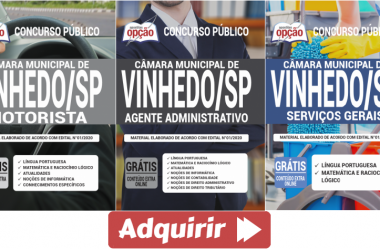 Apostilas Concurso Público Câmara de Vinhedo / SP – 2020, Serviços Gerais, Agente Administrativo e Motorista