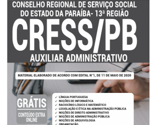 Concurso Público CRESS / PB – 2020, Apostila Preparatória para o cargo de Assistente Administrativo