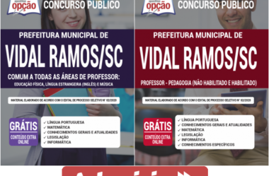 Materiais de Estudo Processo Seletivo Prefeitura de Vidal Ramos / SC – 2020 / 2021, funções: Professores