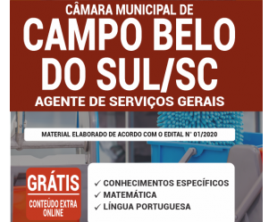 Apostila Processo Seletivo da Câmara Municipal de Campo Belo do Sul / SC – 2020 / 2021, emprego: Agente de Serviços Gerais